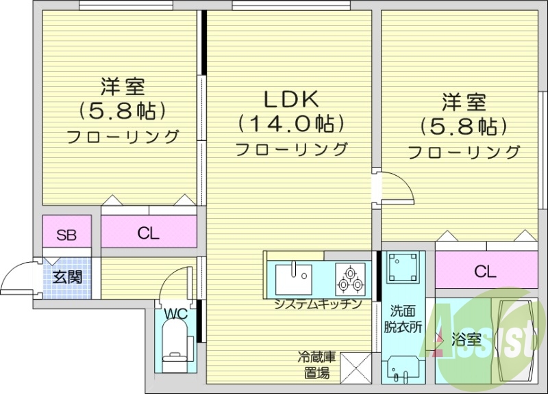 2LDK、エアコン、システムキッチン、独立洗面台、浴室乾燥機