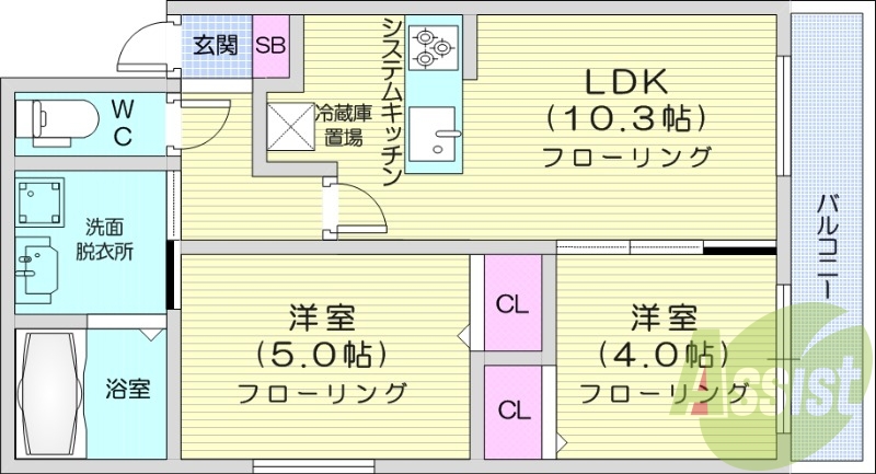 2LDK、エアコン、システムキッチン、独立洗面台、浴室乾燥機