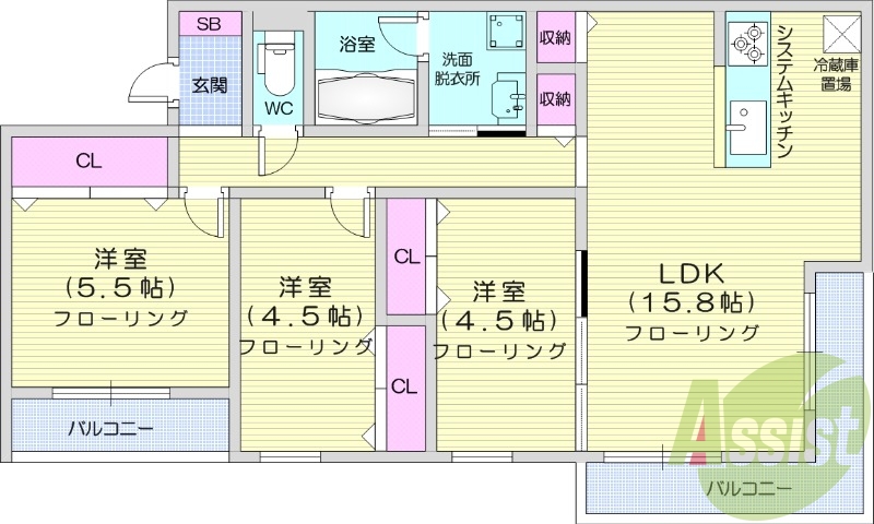 3LDK、エアコン、都市ガス、ペット飼育可能