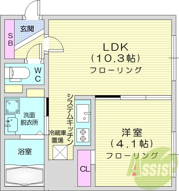 1LDK、エアコン、システムキッチン、ネット無料