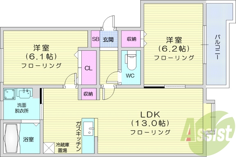 2LDK、洗髪洗面化粧台、灯油暖房、シャワートイレ