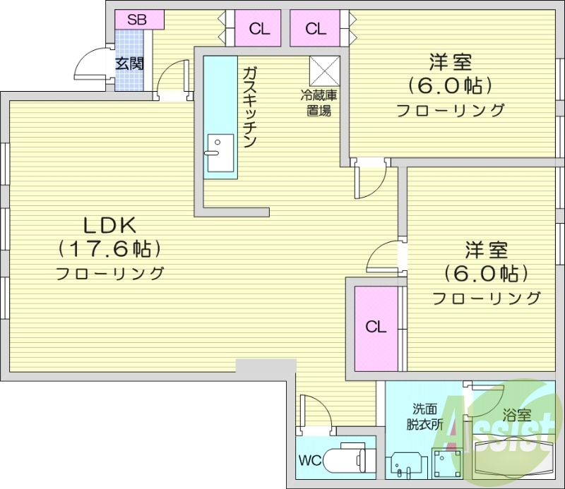 2LDK、エアコン、独立洗面台、灯油暖房