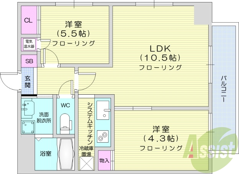 2LDK、エアコン、独立洗面台、IHクッキングヒーター