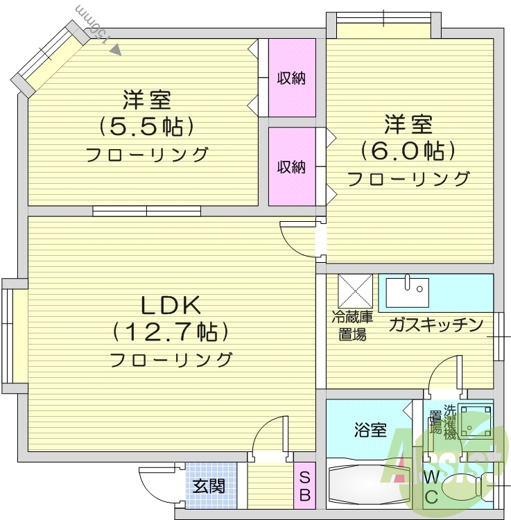 2LDK、バストイレ別、灯油暖房、インターホン