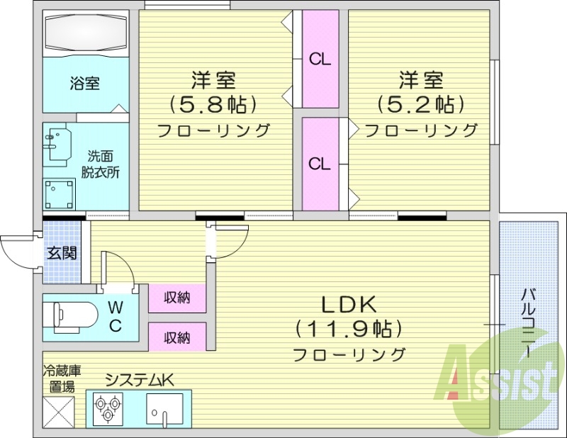 2LDK、エアコン、システムキッチン、独立洗面台