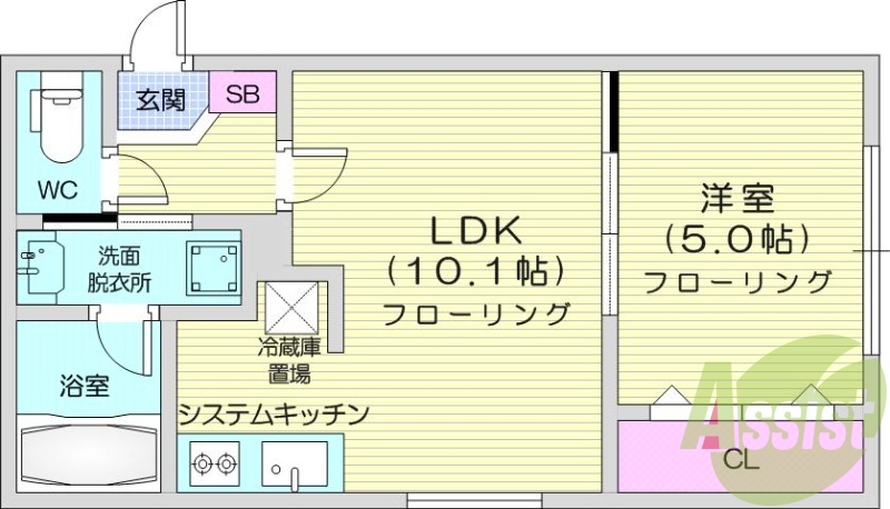 1LDK、エアコン、システムキッチン、独立洗面台