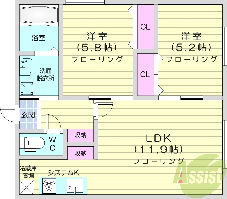 2LDK、エアコン、システムキッチン、独立洗面台