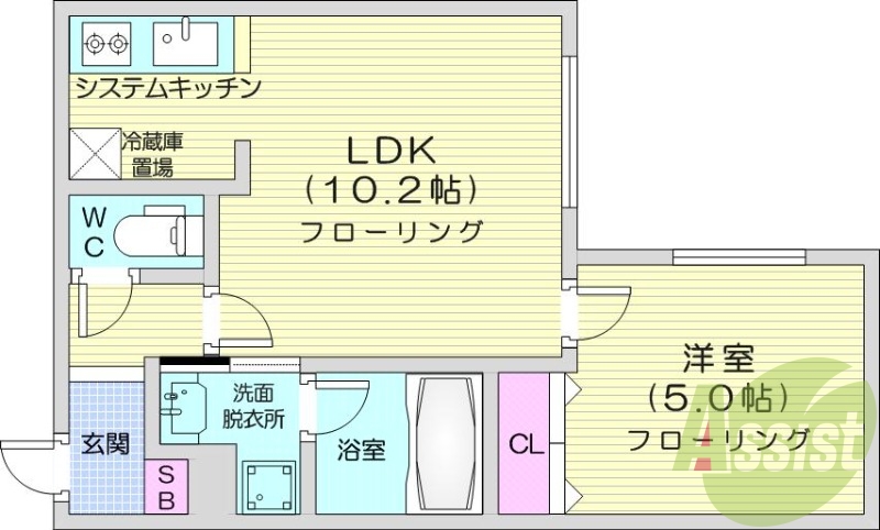 1LDK、エアコン、システムキッチン、独立洗面台