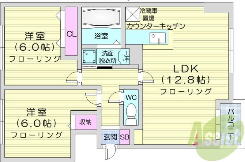 2LDK、モニターホン、洗髪洗面化粧台、収納