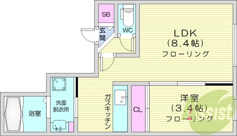 1LDK、エアコン、オートロック、独立洗面台