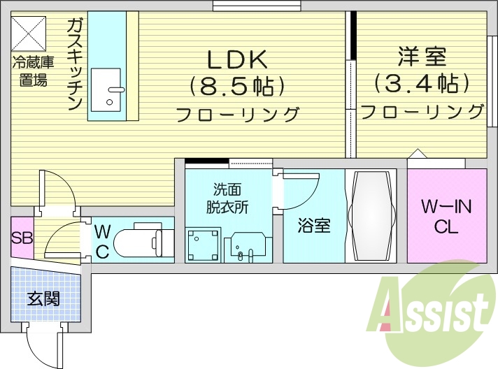 1LDK、エアコン、オートロック、独立洗面台