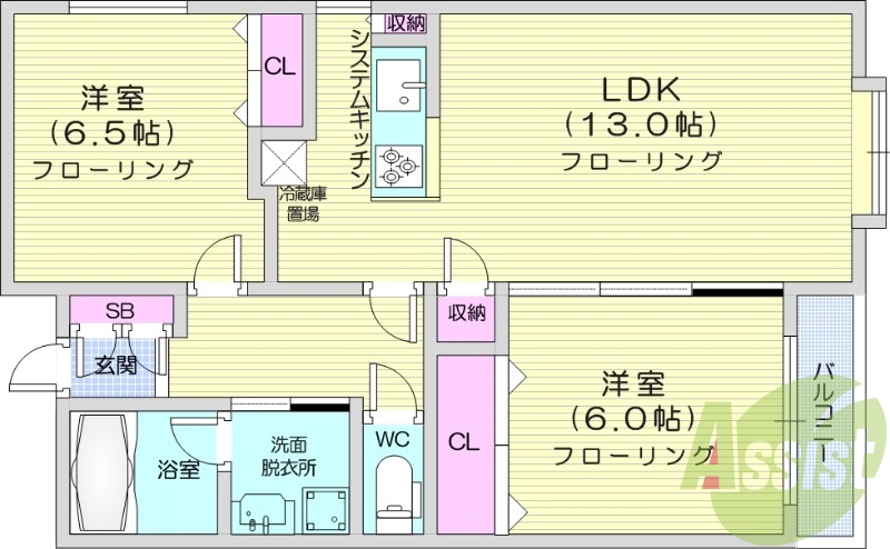 2LDK、エアコン、システムキッチン、独立洗面台、ネット無料