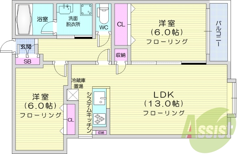 2LDK、エアコン、システムキッチン、独立洗面台、ネット無料