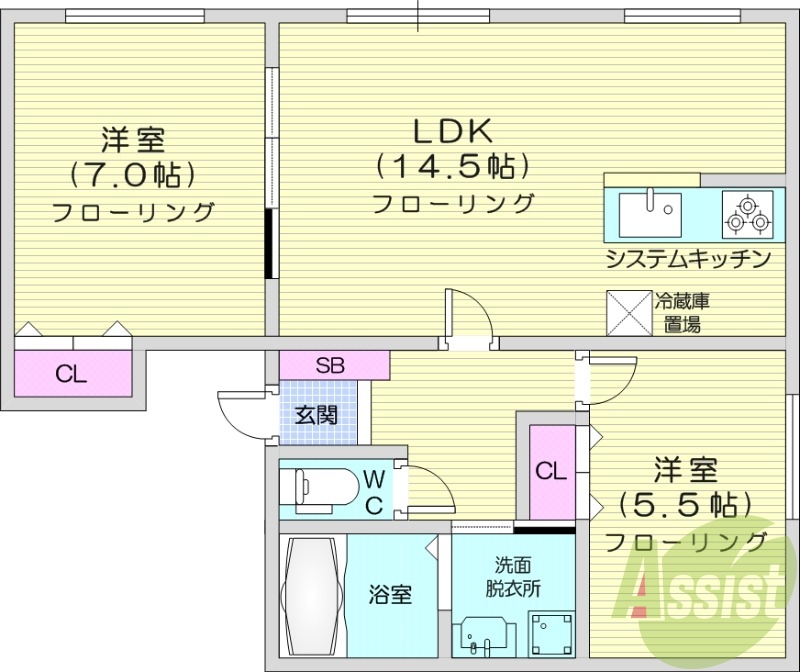 2LDK、エアコン、システムキッチン、独立洗面台、ネット無料