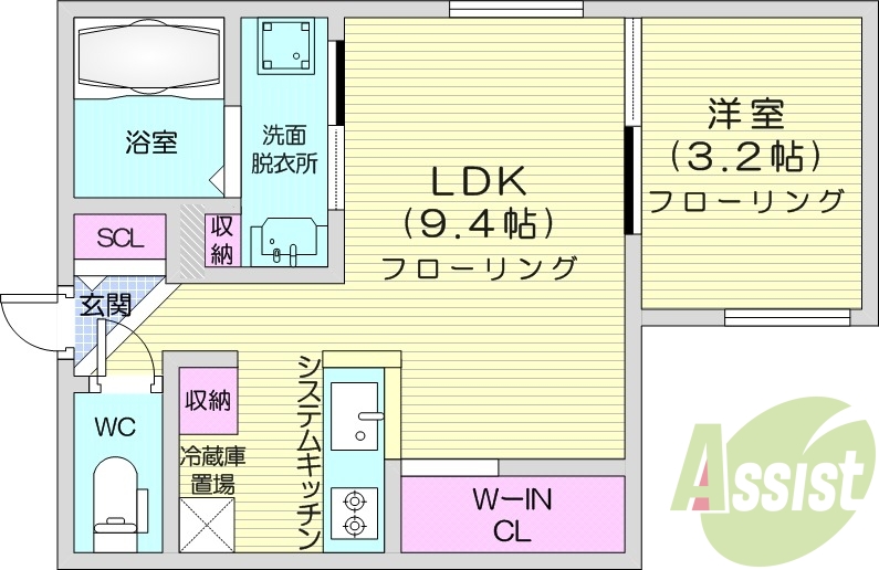 1LDK、エアコン、システムキッチン、独立洗面台