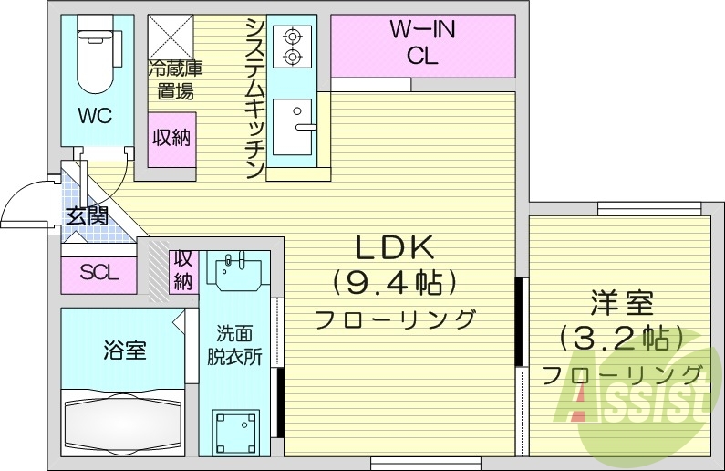 1LDK、エアコン、システムキッチン、独立洗面台