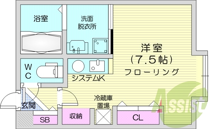 1K、エアコン、システムキッチン、独立洗面台