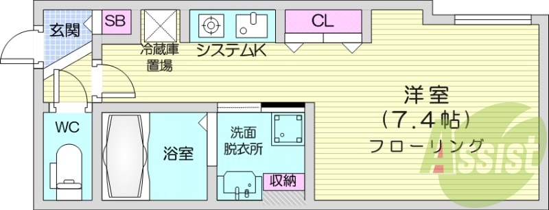 1K、エアコン、システムキッチン、独立洗面台