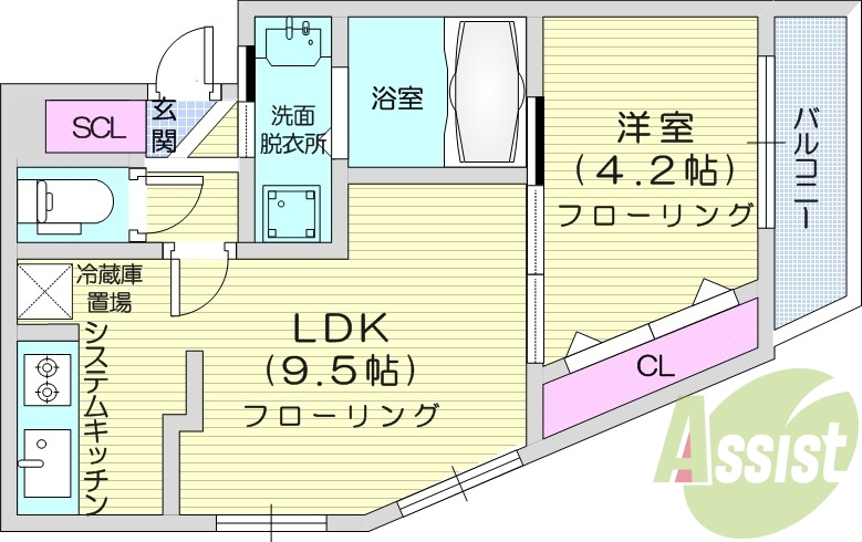 1LDK、都市ガス、ペット可、エアコン、エレベーター