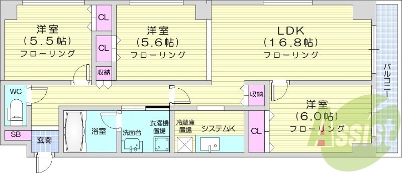 3LDK、オートロック、モニターホン、システムキッチン