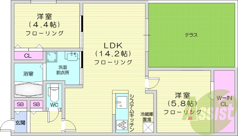2LDK、エアコン、都市ガス、ペット飼育可