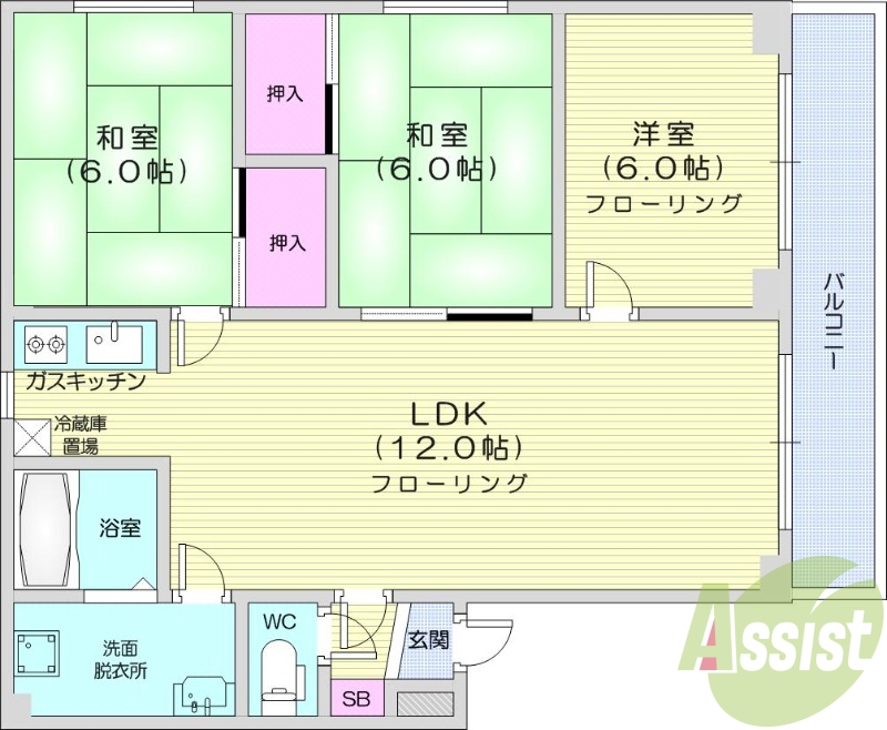 3LDK、角部屋、バストイレ別、プロパンガス