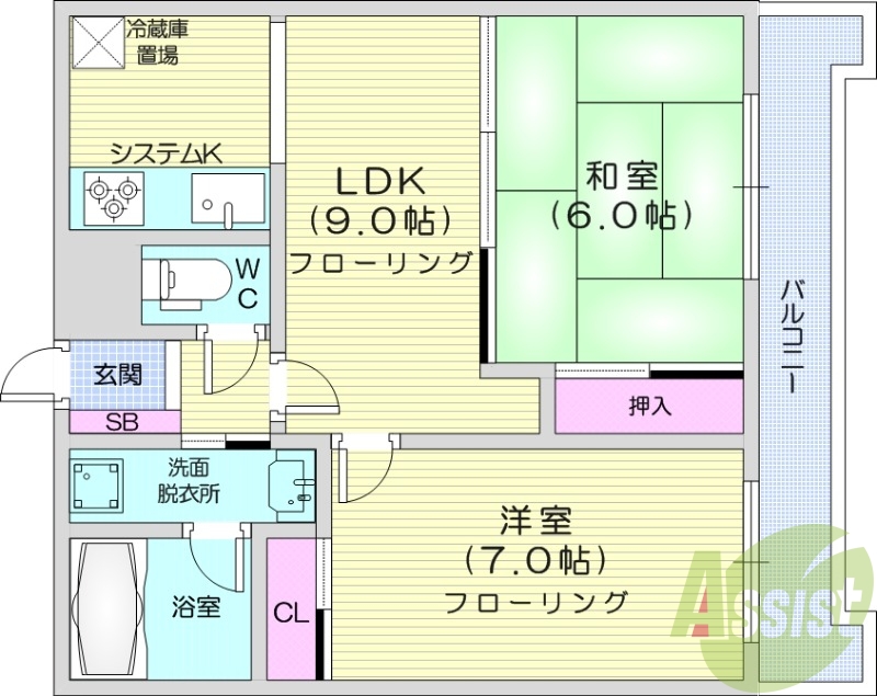 2LDK、都市ガス、システムキッチン、オートロック