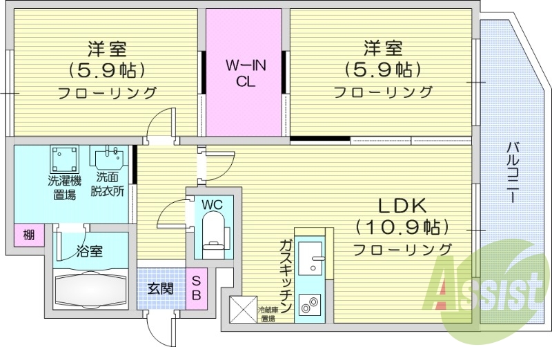 2LDK、収納、洗濯機置場、電気暖房、バストイレ別