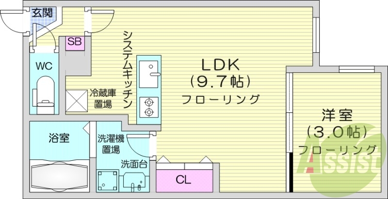 1LDK、エアコン、システムキッチン、独立洗面台