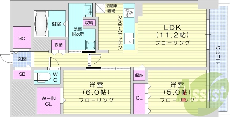 2LDK、エアコン、都市ガス、システムキッチン