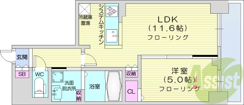 1LDK、エアコン、都市ガス、システムキッチン