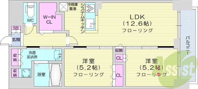 2LDK、エアコン、都市ガス、システムキッチン