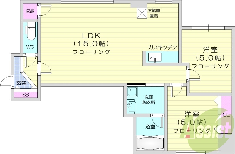 2LDK、エアコン、独立洗面台、ネット無料