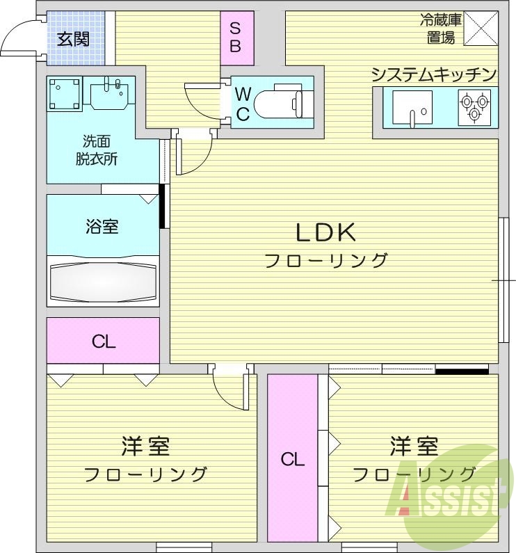 2LDK、エアコン、都市ガス、システムキッチン