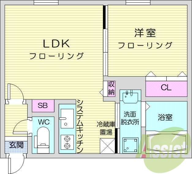 1LDK、エアコン、都市ガス、システムキッチン