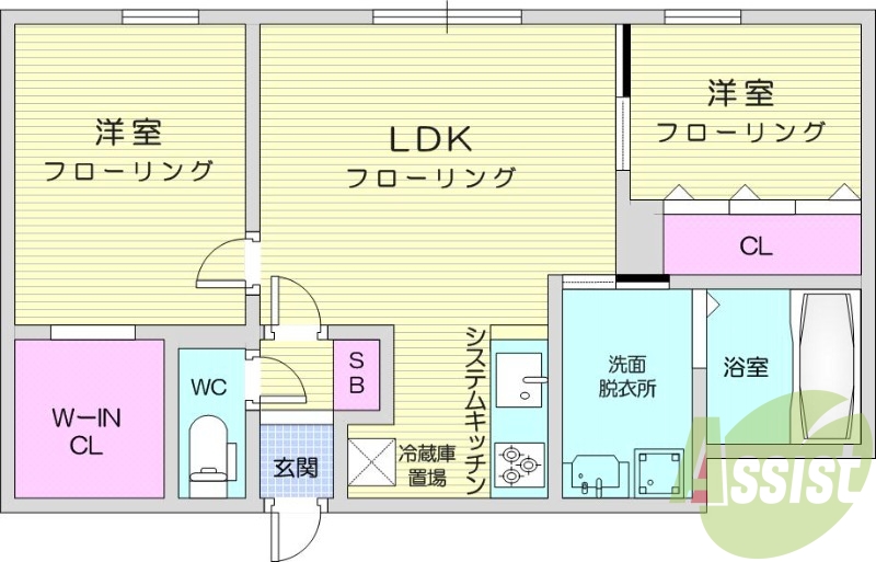 2LDK、エアコン、都市ガス、システムキッチン