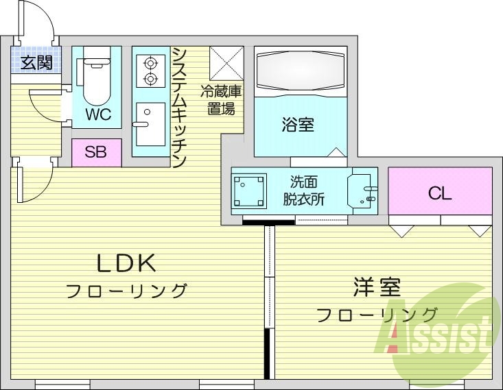 1LDK、エアコン、都市ガス、システムキッチン