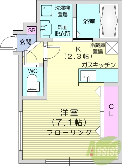 1K、都市ガス物件、クローゼット、ウォシュレット付き