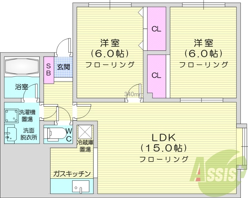 2LDK、エアコン、洗髪洗面化粧台、灯油暖房