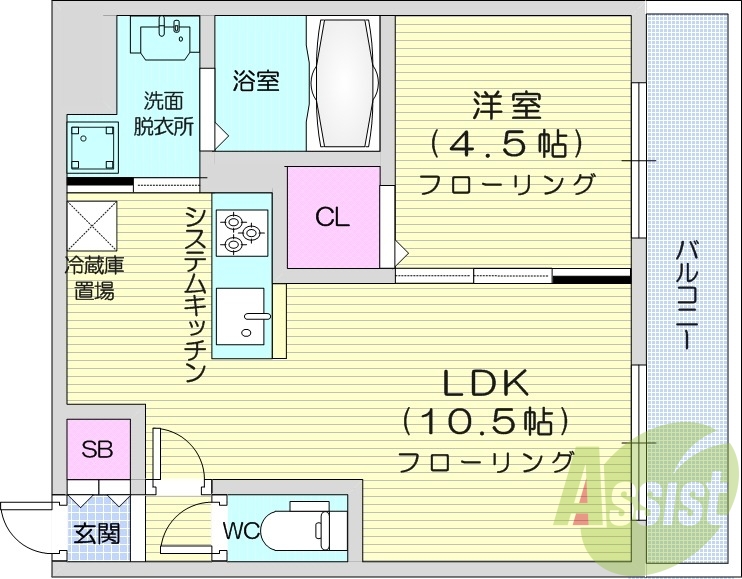 1LDK、エアコン、都市ガス、システムキッチン