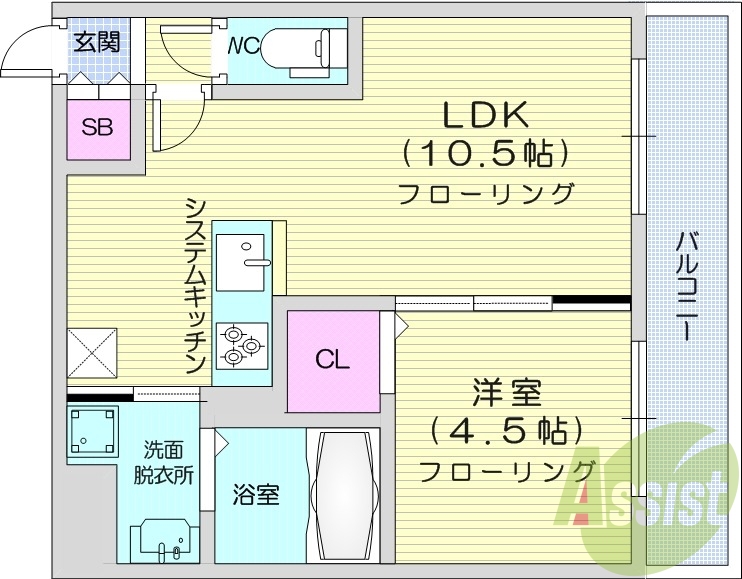 1LDK、エアコン、都市ガス、システムキッチン