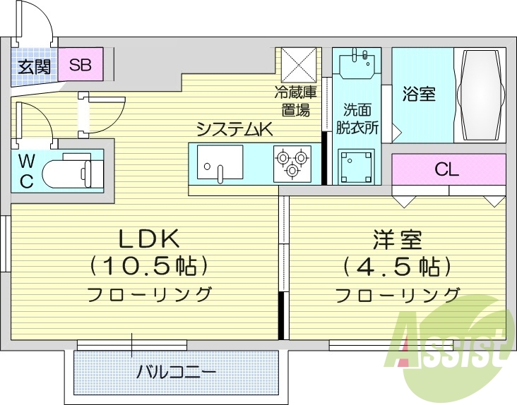 1LDK、エアコン、都市ガス、システムキッチン