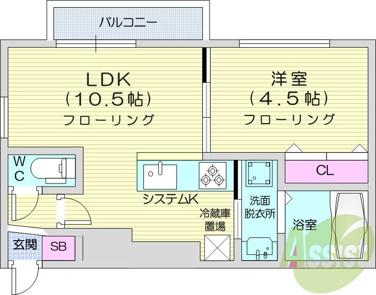1LDK、エアコン、都市ガス、システムキッチン