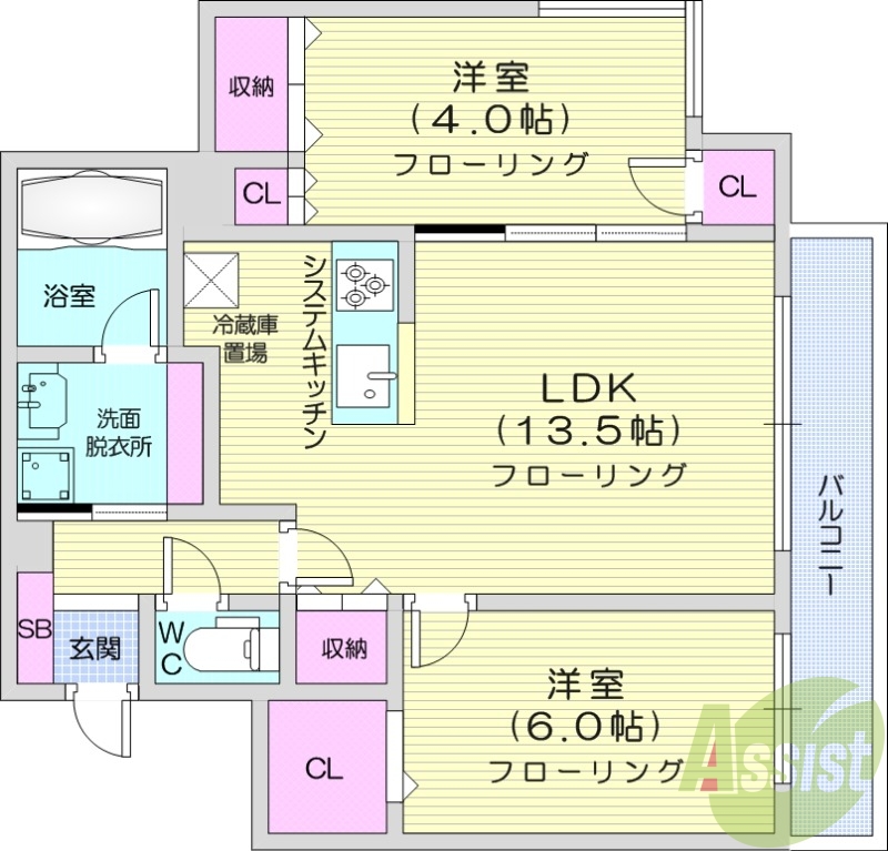 2LDK、エアコン、都市ガス、システムキッチン