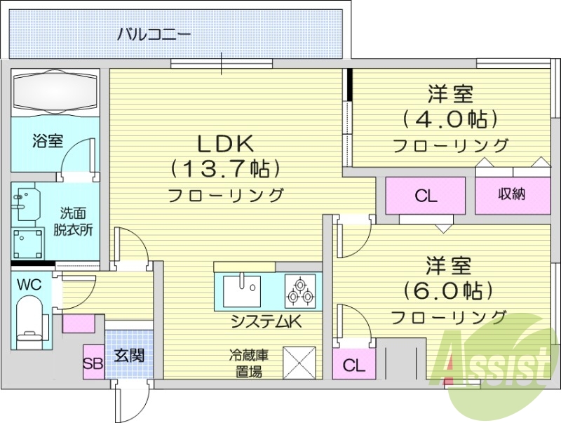 2LDK、エアコン、都市ガス、システムキッチン
