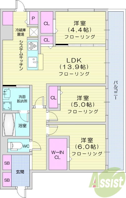 3LDK、都市ガス、エレベーター、インターネット無料