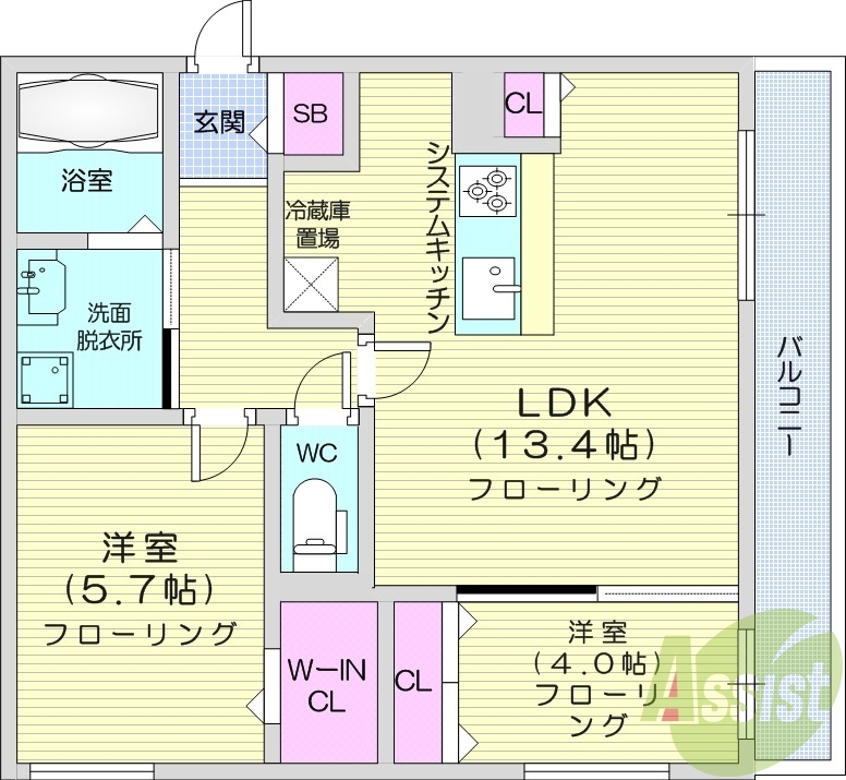 2LDK、都市ガス、エレベーター、インターネット無料