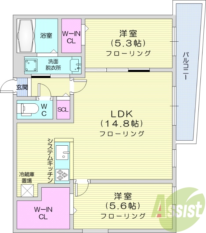 2LDK、都市ガス、エアコン、システムキッチン、独立洗面台