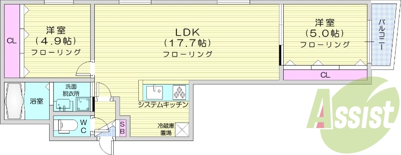 2LDK、都市ガス、エアコン、システムキッチン、独立洗面台