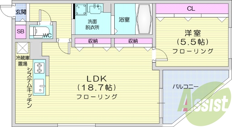 1LDK、都市ガス、エアコン、システムキッチン、独立洗面台